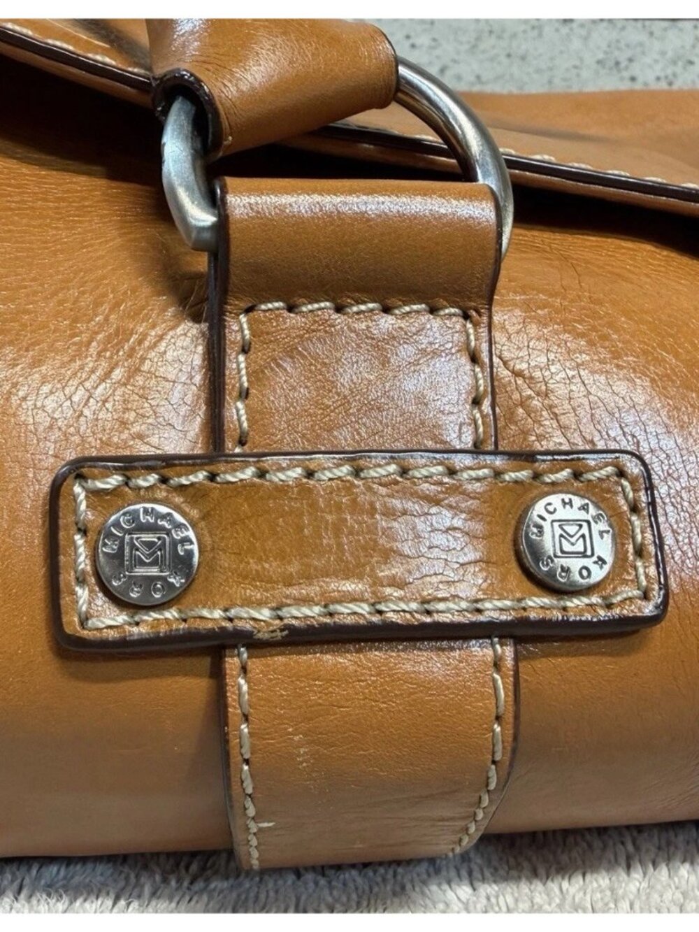 Michael Kors Vintage Astor Cognac Brown Leather Satchel Belted Handbag Purse Y2K - Picture 6 of 12